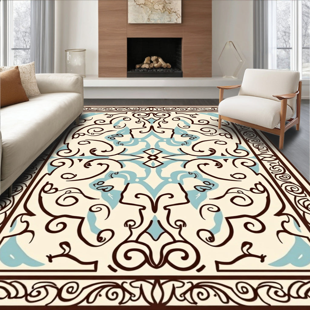 Ornate Swirls Light Blue Cream Rug