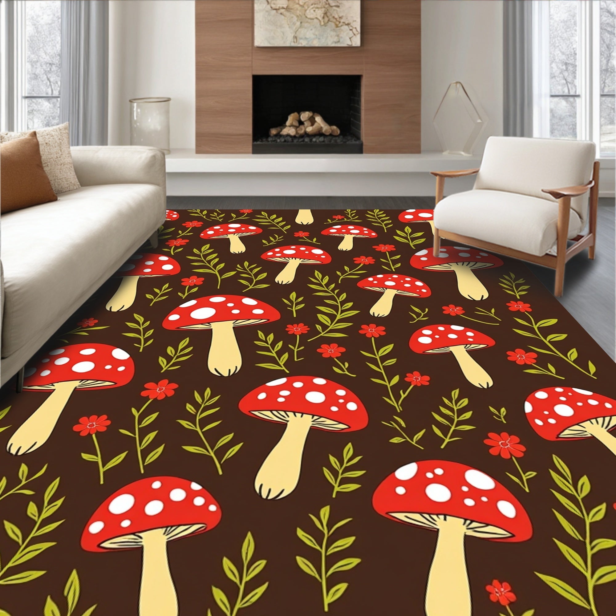 Whimsical Mushroom Floral Pattern Rug
