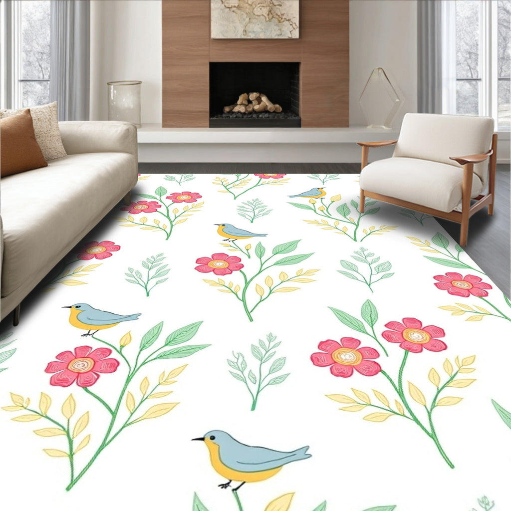 Whimsical Garden Birds Pattern Design Rug