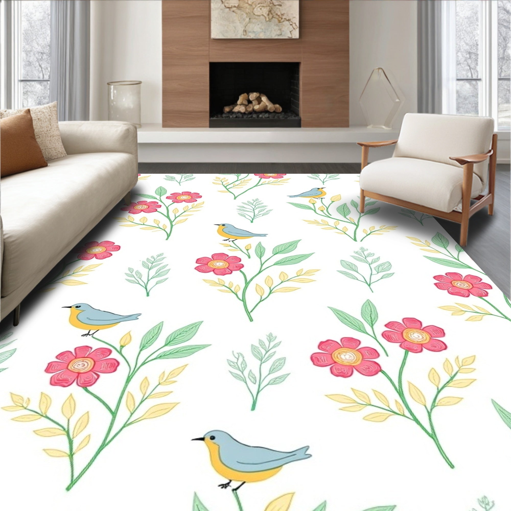 Whimsical Garden Birds Pattern Design Rug