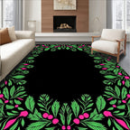 Vibrant Green Pink Berry Foliage Frame Rug