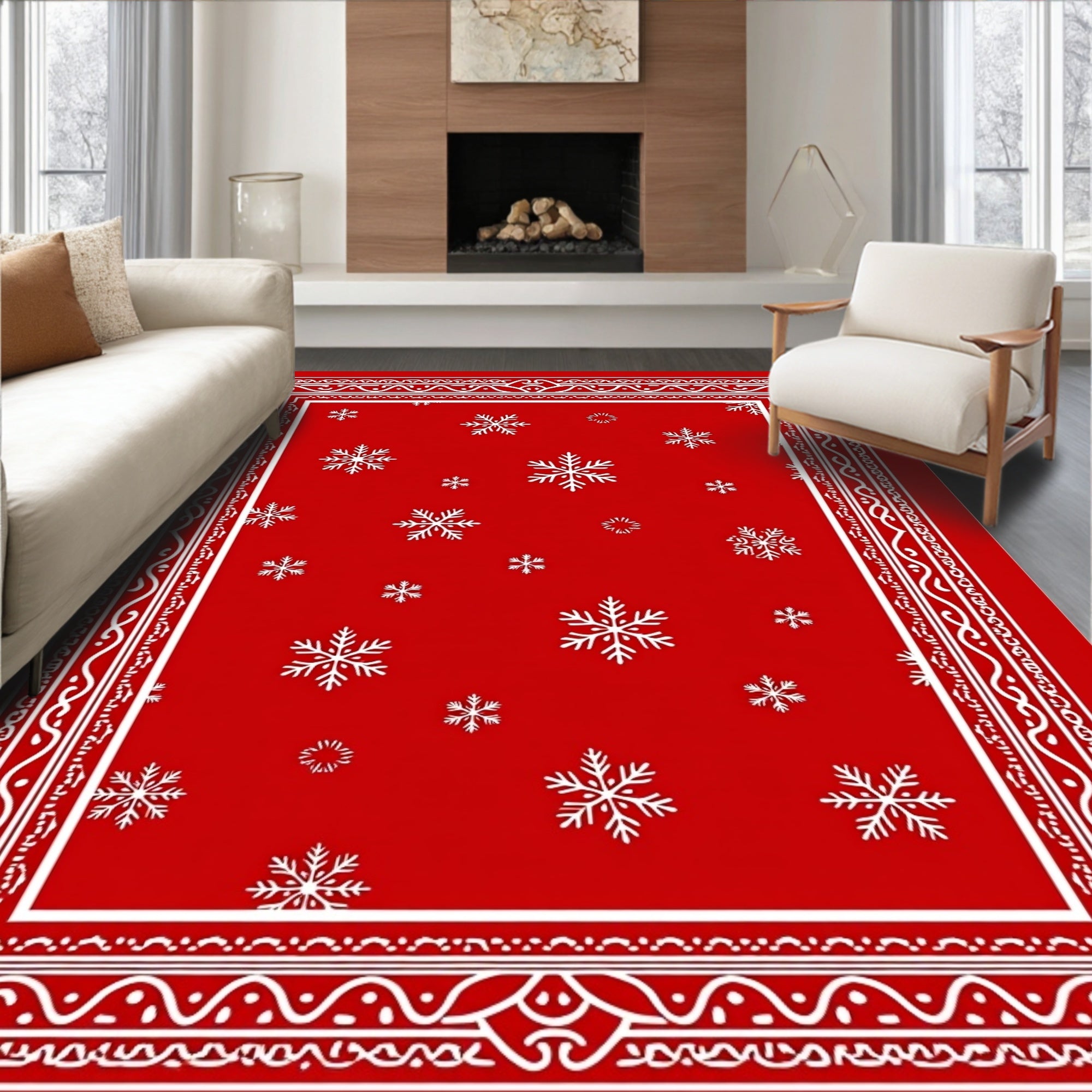 Crimson White Snowflake Holiday Border Rug