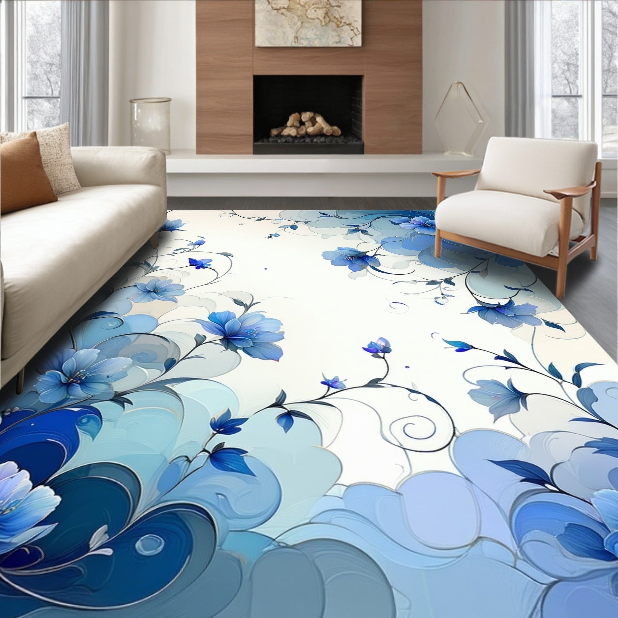 Ethereal Blue Floral Dreamscape Rug