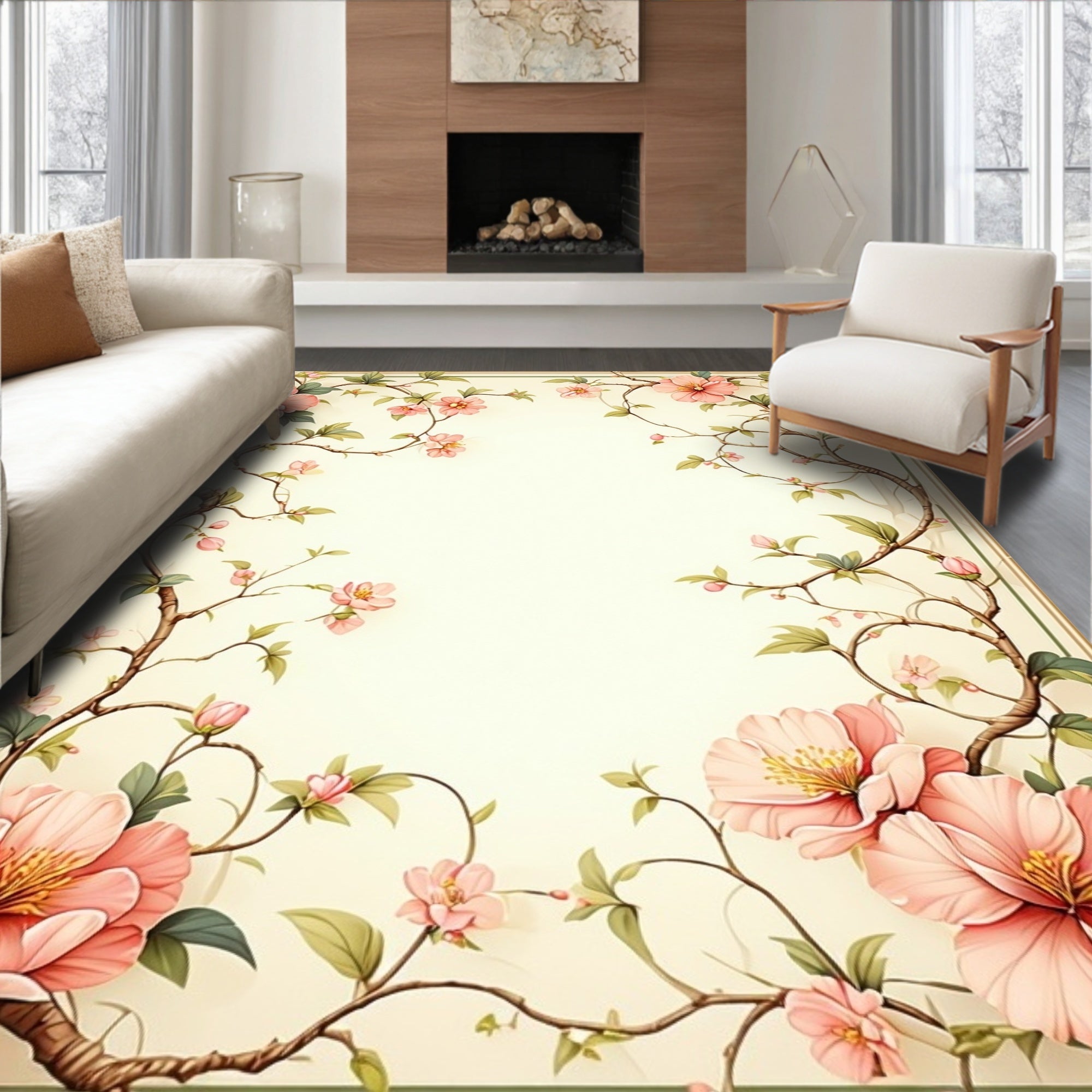 Elegant Pink Floral Vine Pattern Rug