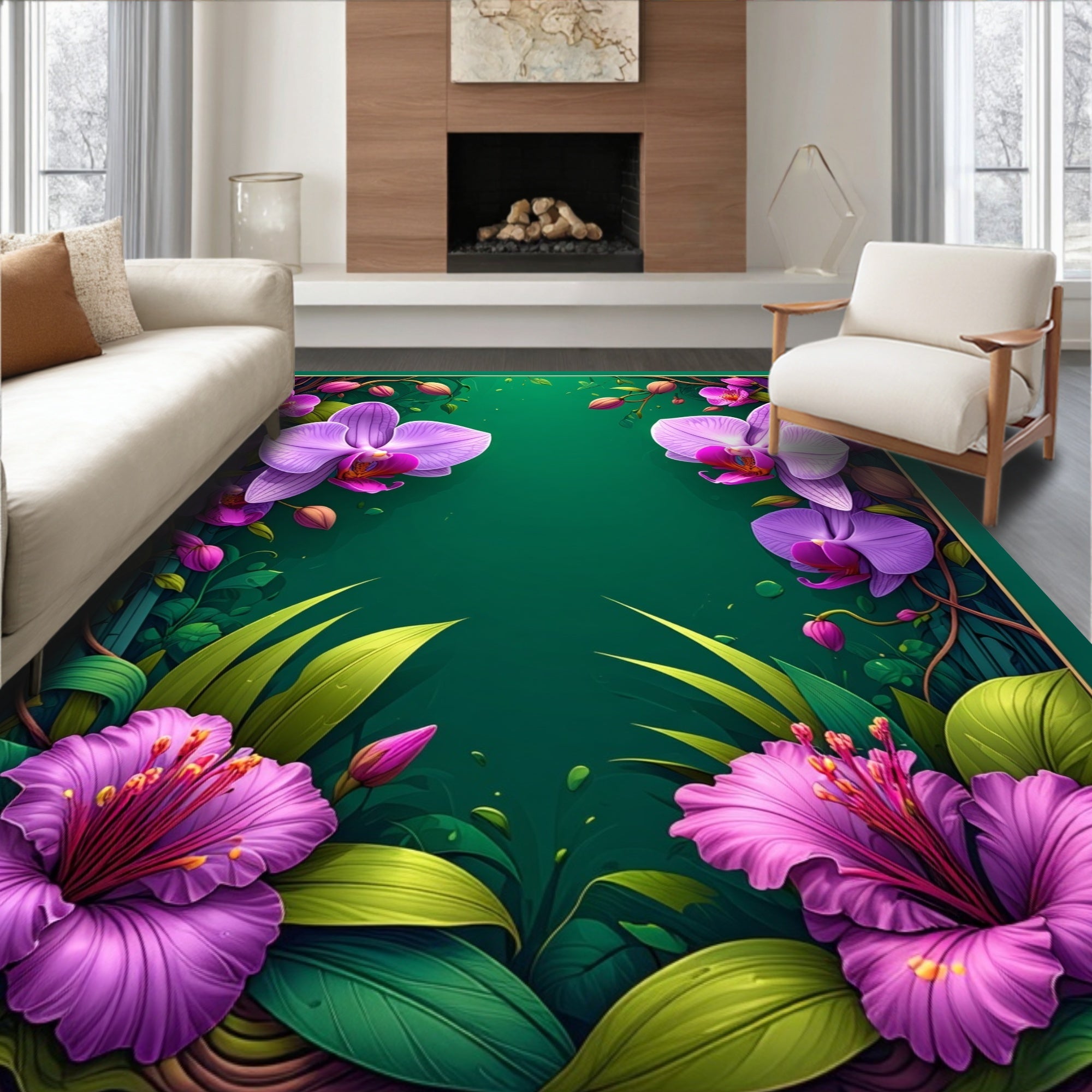 Tropical Orchid Floral Pattern Rug