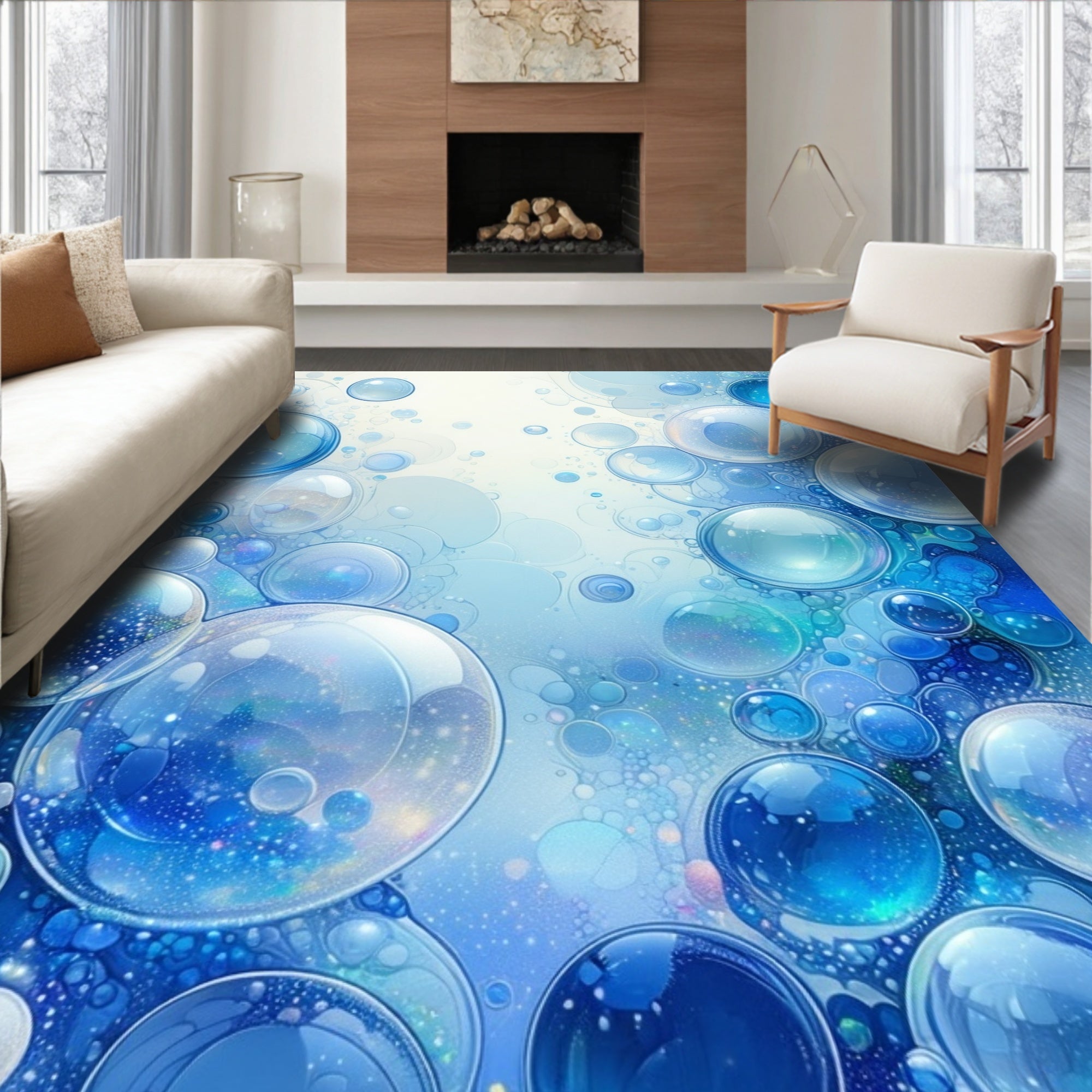 Shimmering Blue Bubbles Abstract Design Rug