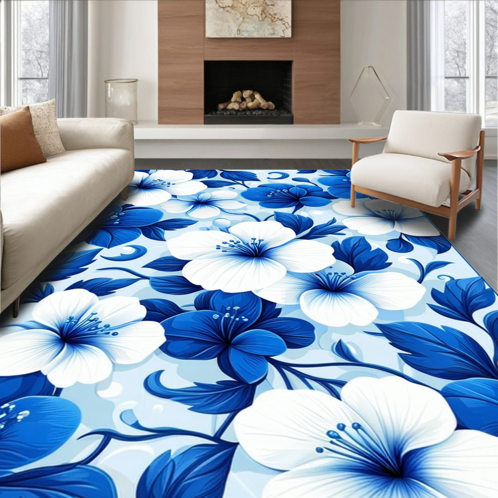 Blue White Floral Pattern Rug