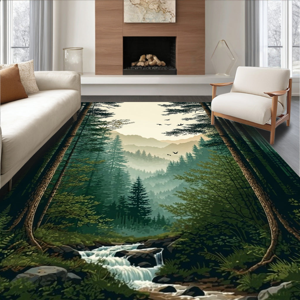Misty Forest Scenic Mountain River View Rug