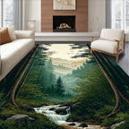 Misty Forest Scenic Mountain River View Rug