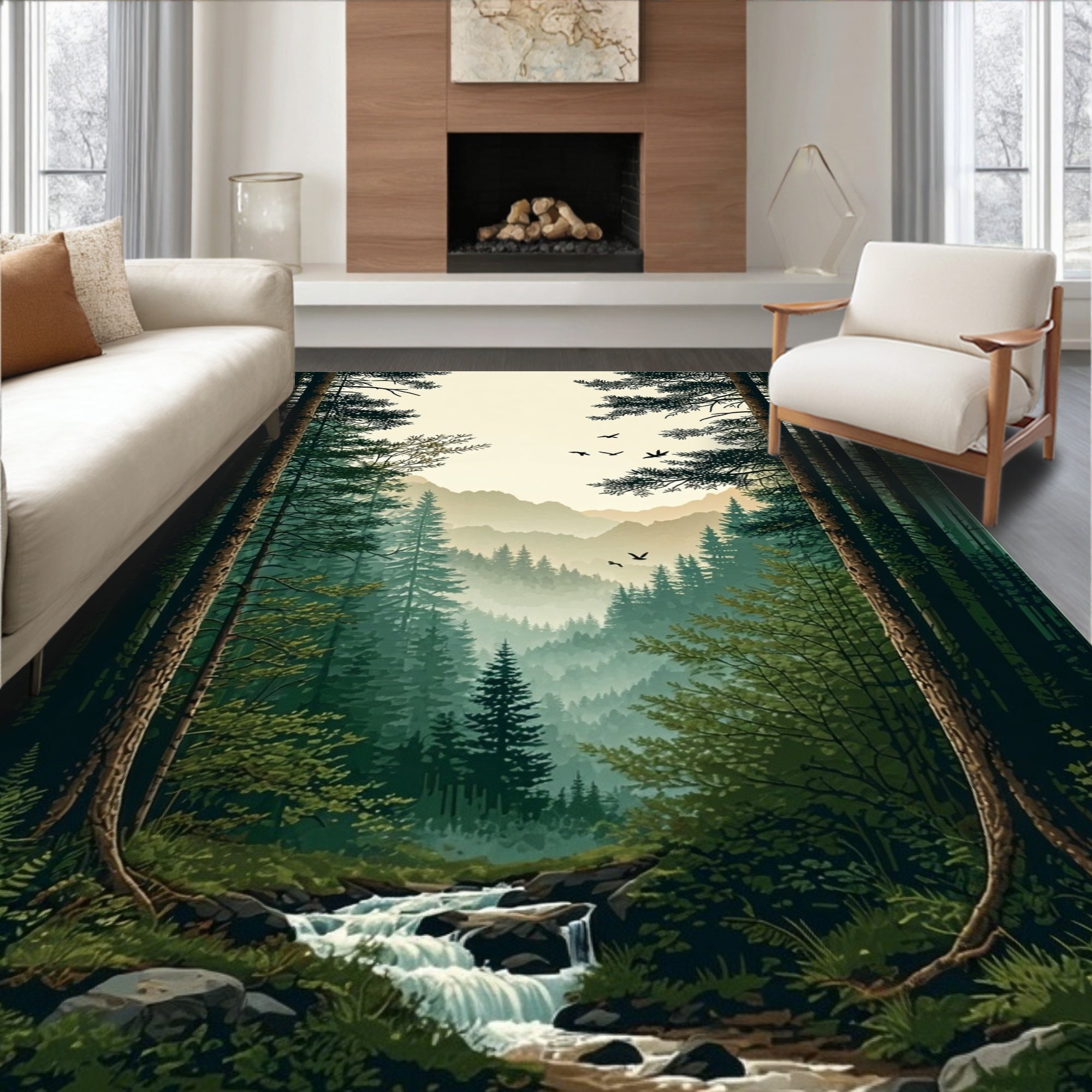 Misty Forest Scenic Mountain River View Rug
