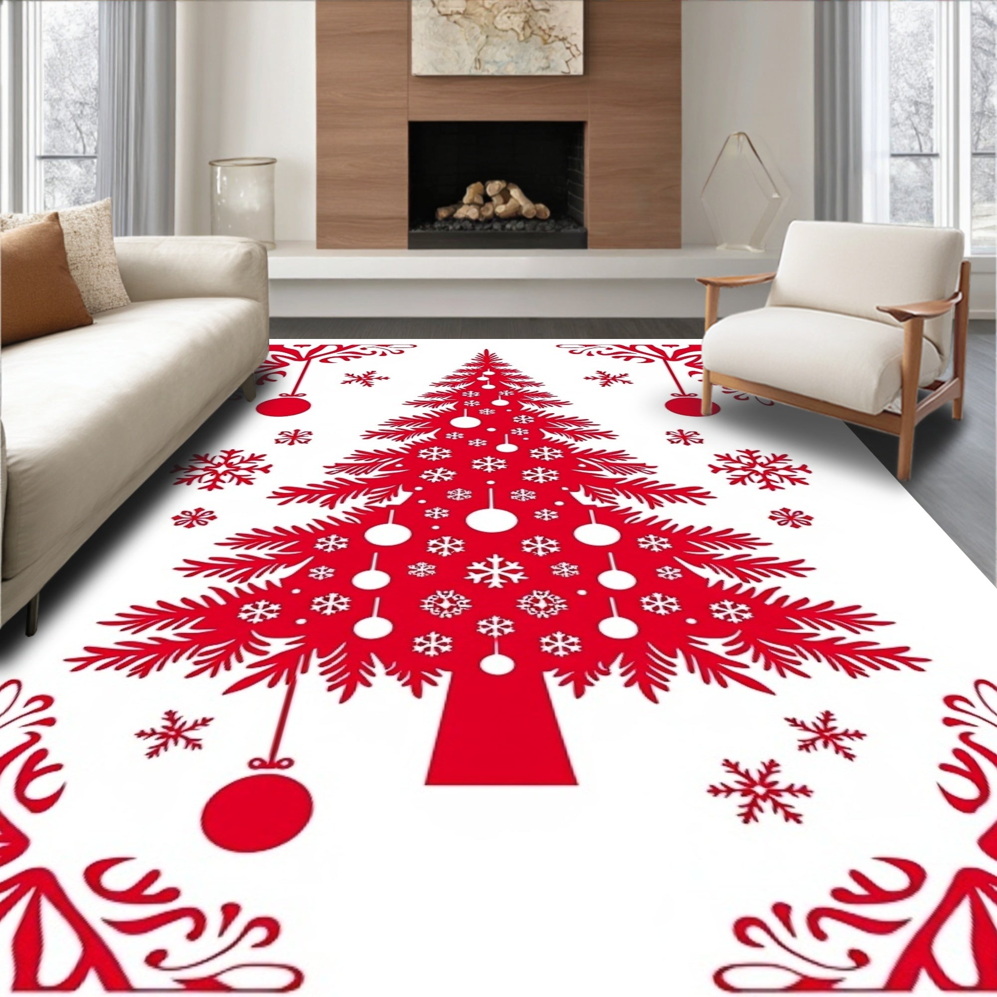Crimson Christmas Tree Snowflake Garland Rug