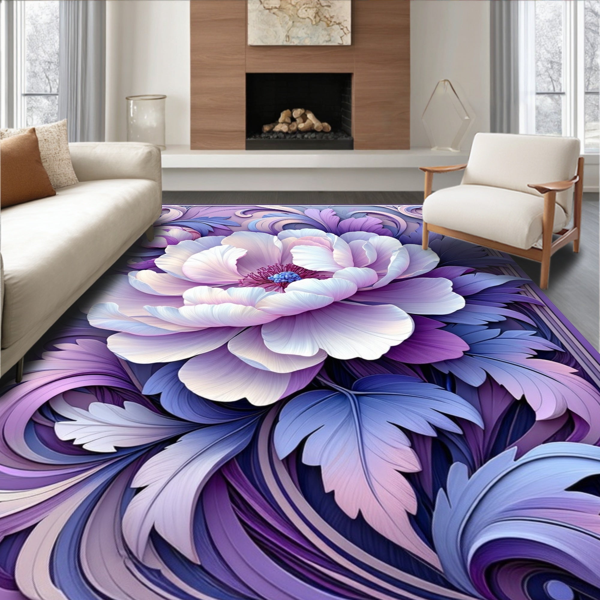 Lavender Floral Scroll Pattern Rug