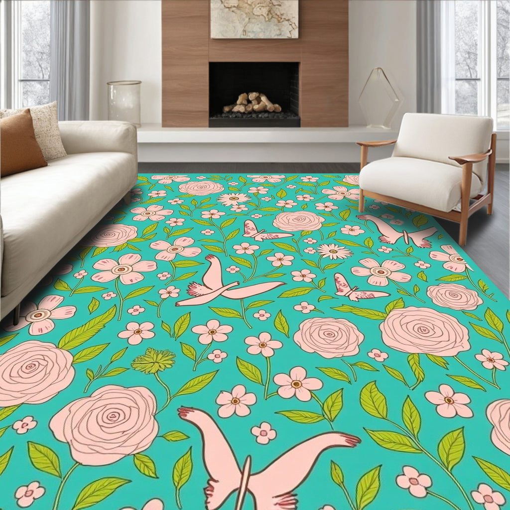 Pink Birds Flowers Aquatic Pattern Rug
