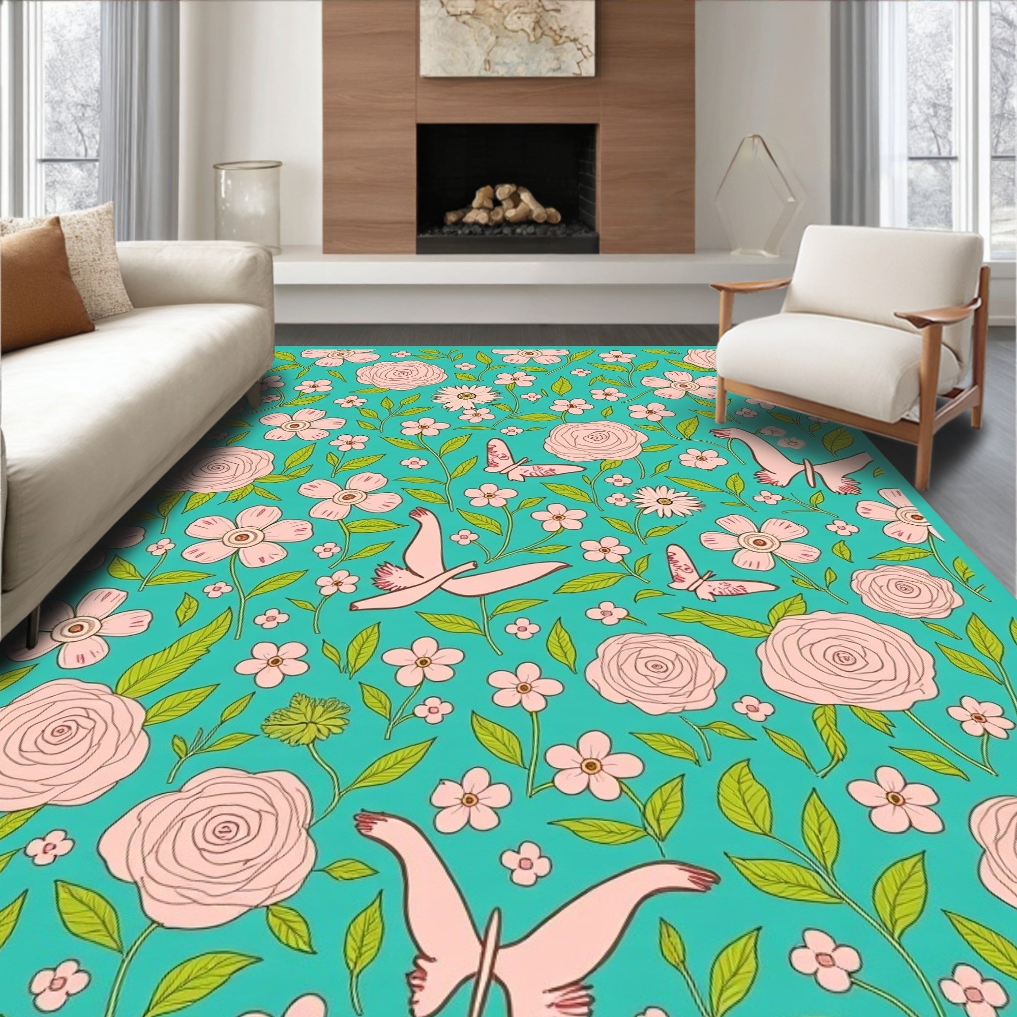 Pink Birds Flowers Aquatic Pattern Rug