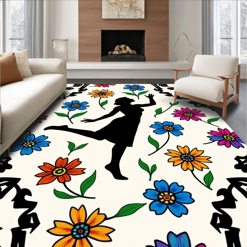 Silhouette Dancing Amidst Floral Explosion Rug