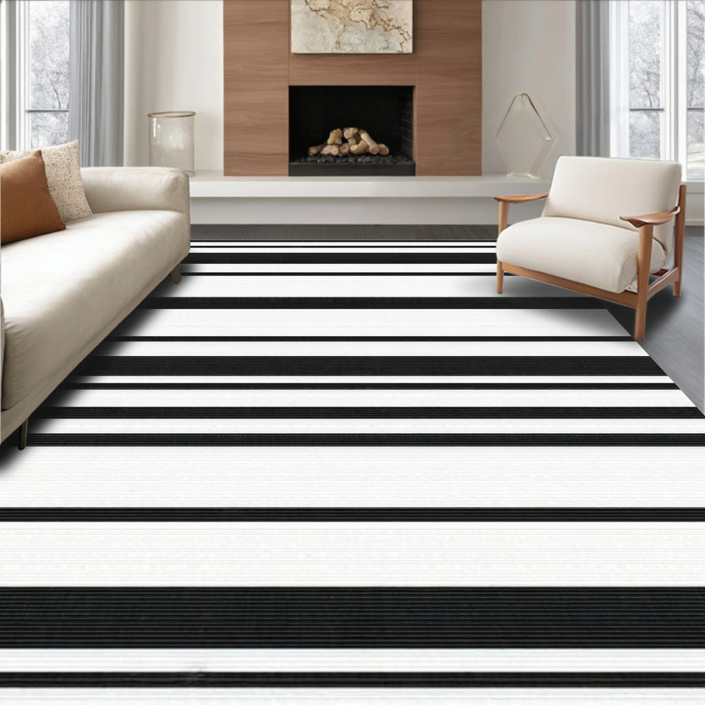 Bold Black White Stripe Pattern Rug