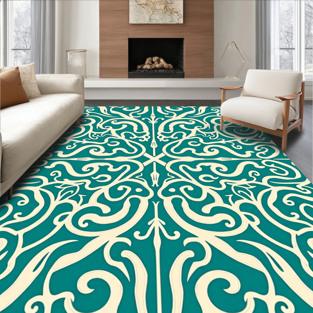 Teal Cream Classical Swirl Ornament Rug