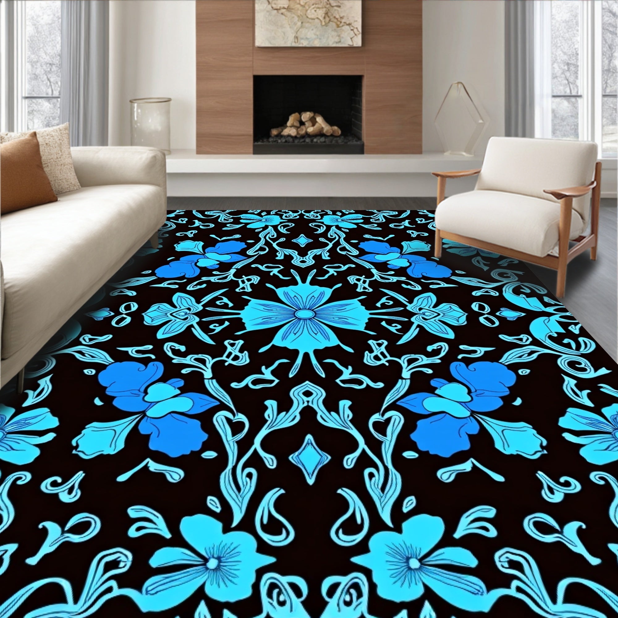 Azure Floral Swirl Pattern Rug