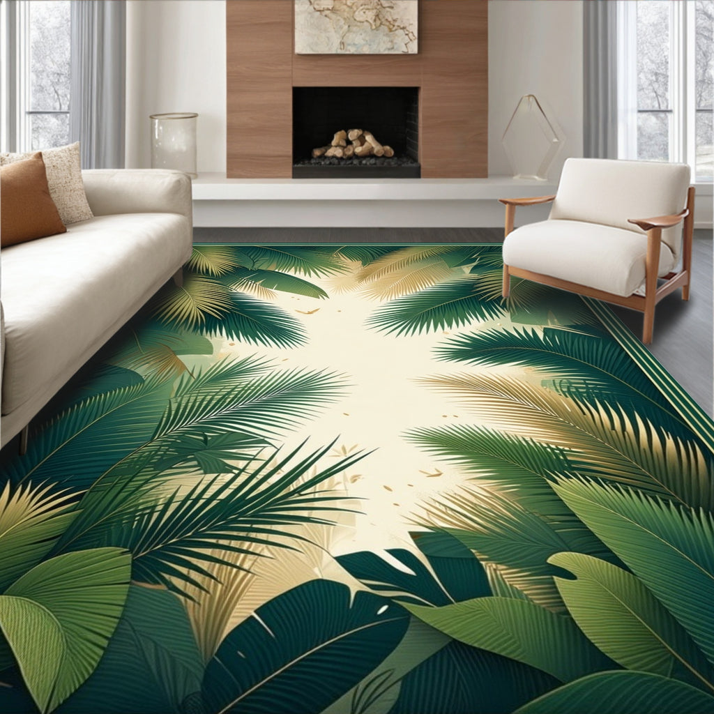 Lush Tropical Palm Leaf Pattern Rug