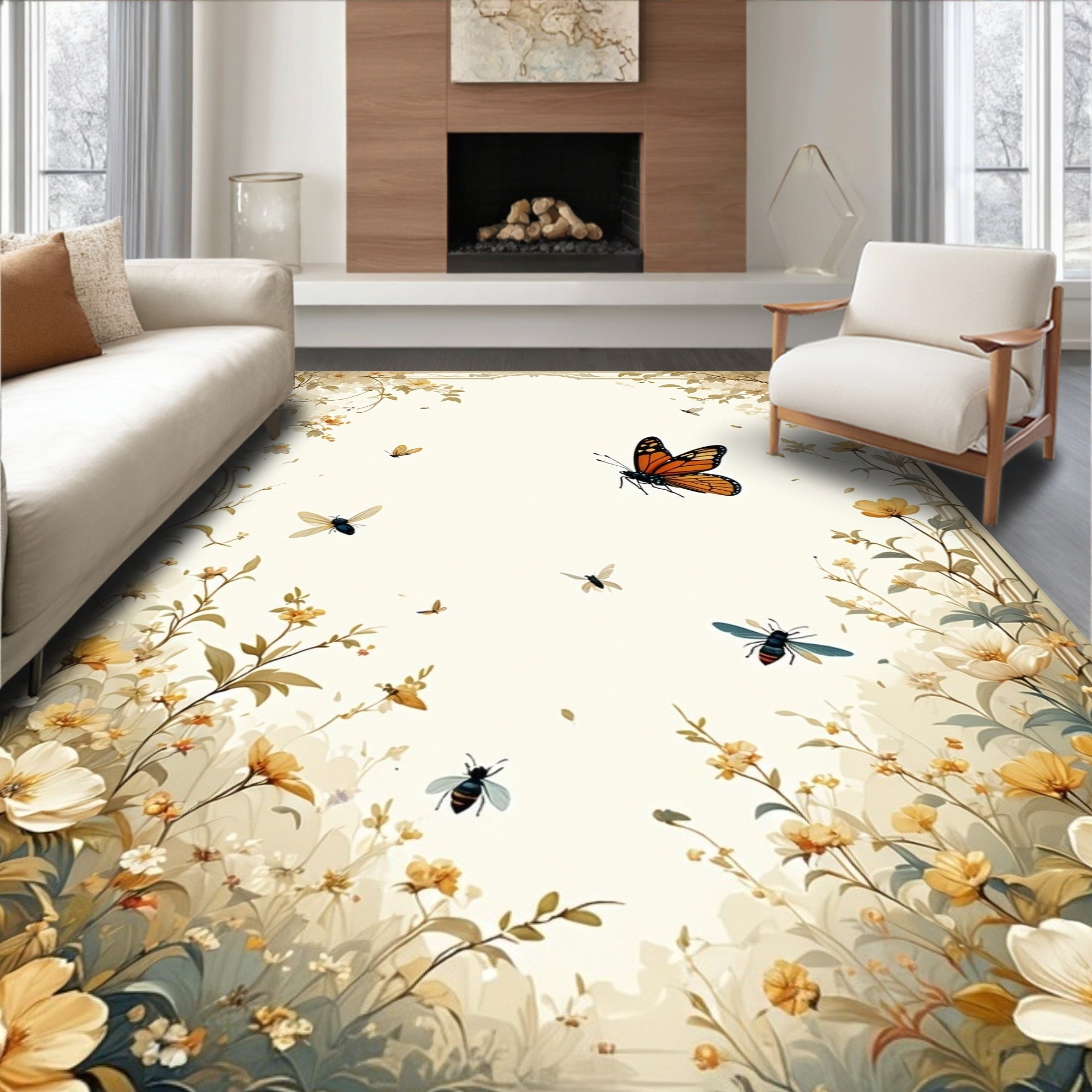 Floral Insects Butterfly Meadow Design Rug