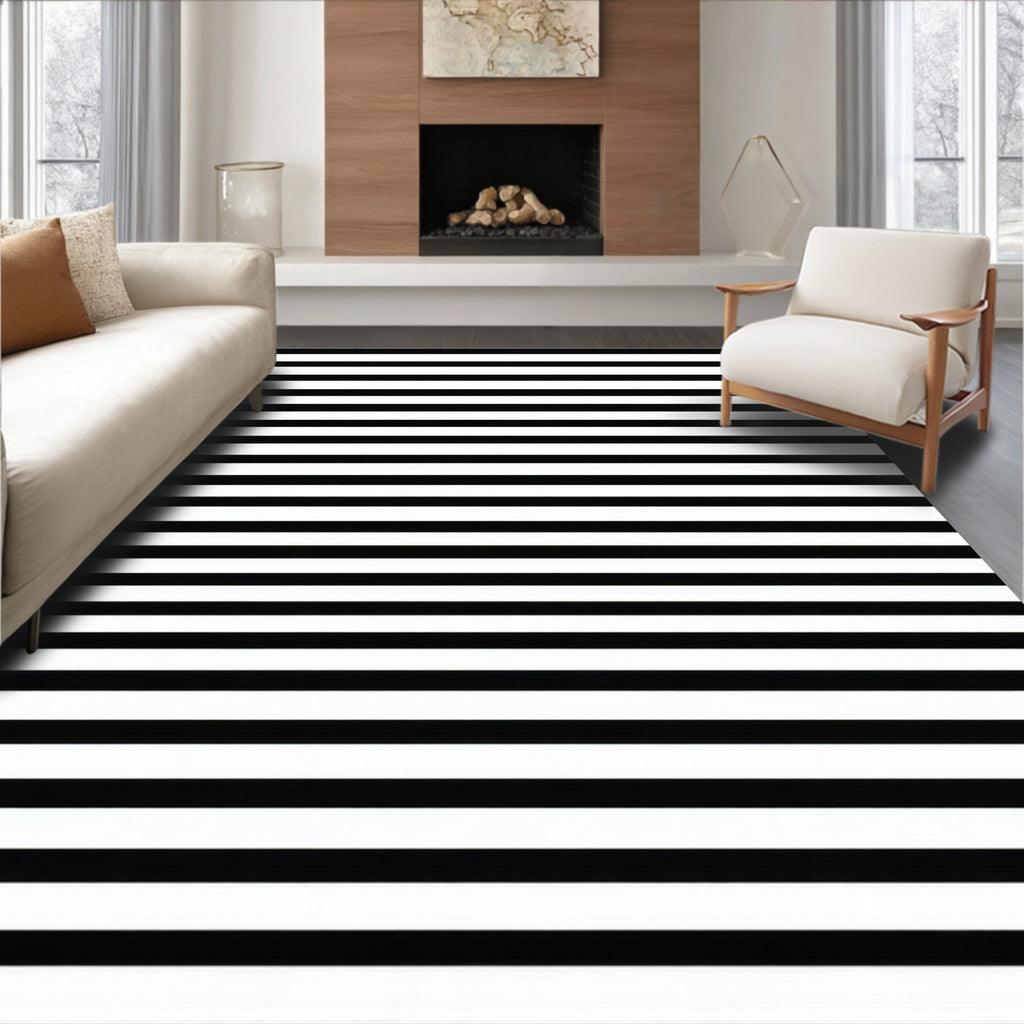 Bold Black White Horizontal Stripes Rug