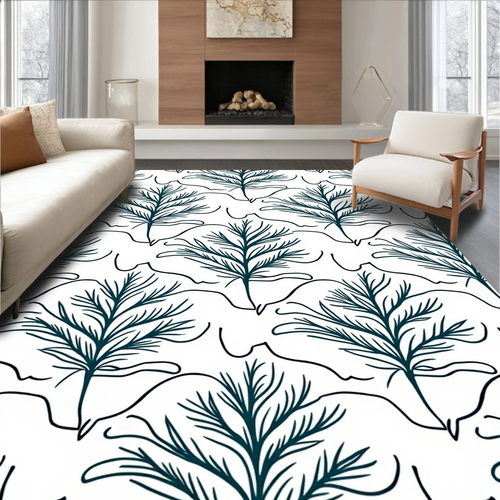Elegant Teal Leafy Branch Pattern Rug