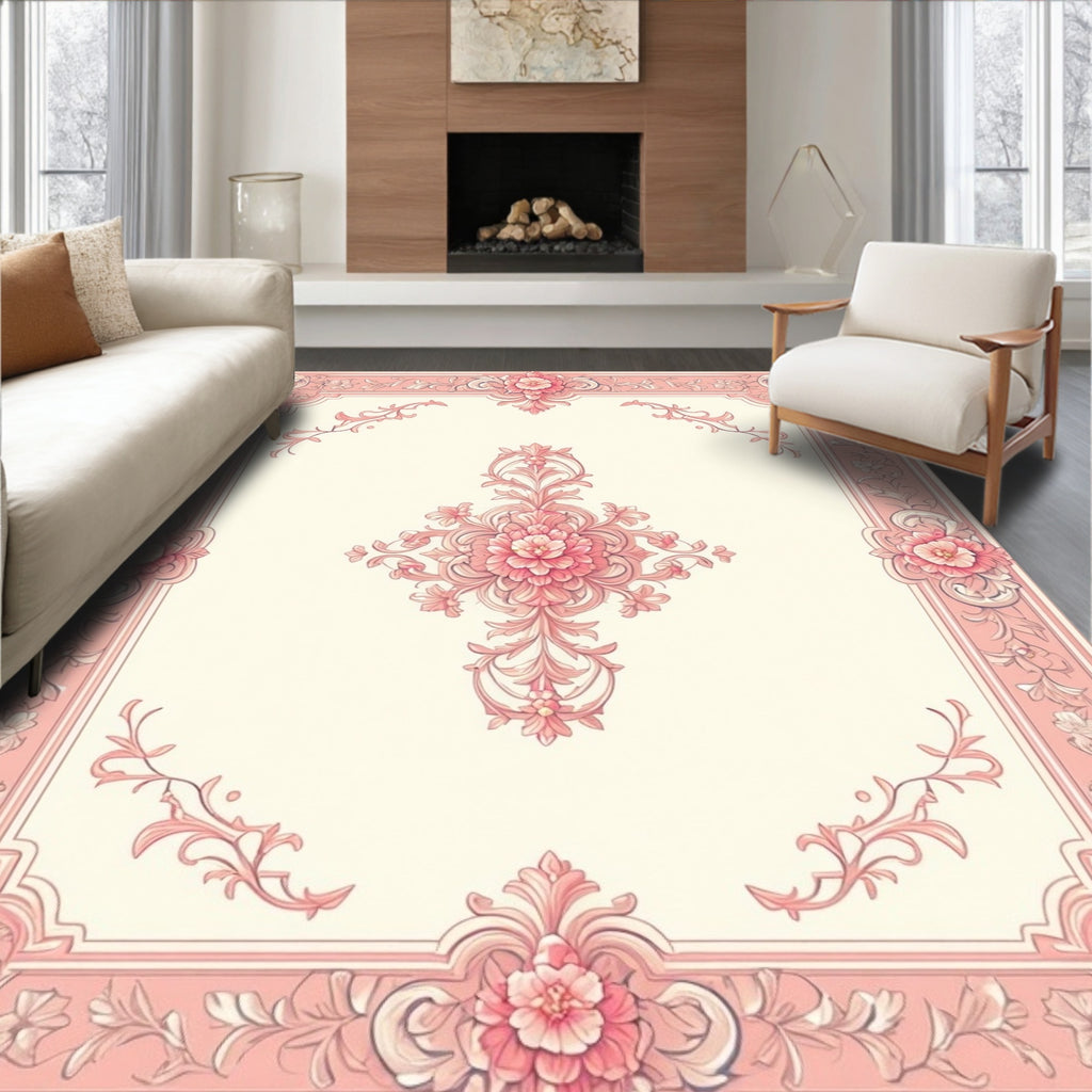 Pink Floral Vintage Scroll Pattern Rug
