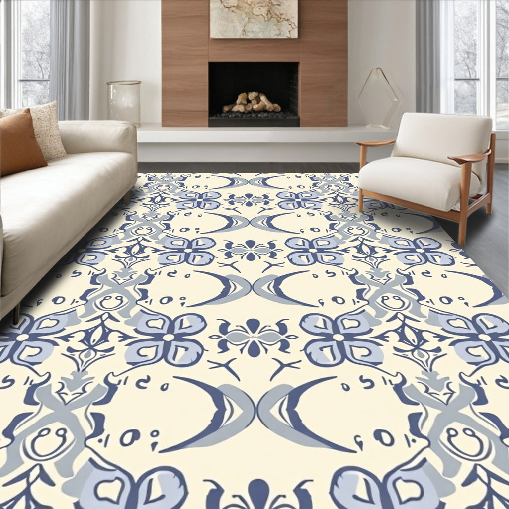 Classic Blue Cream Floral Pattern Rug