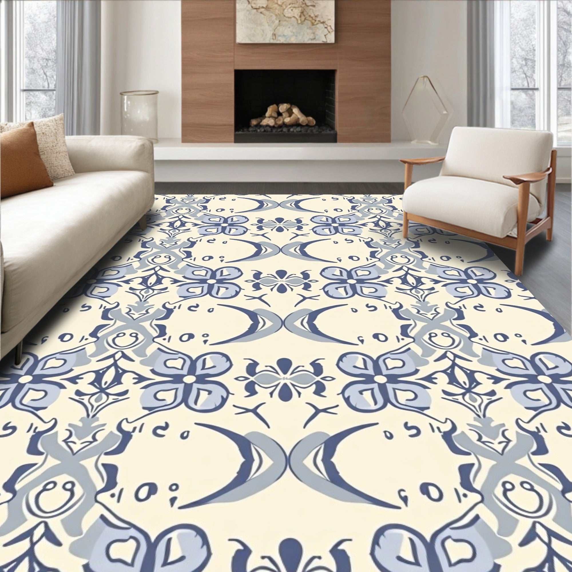 Classic Blue Cream Floral Pattern Rug