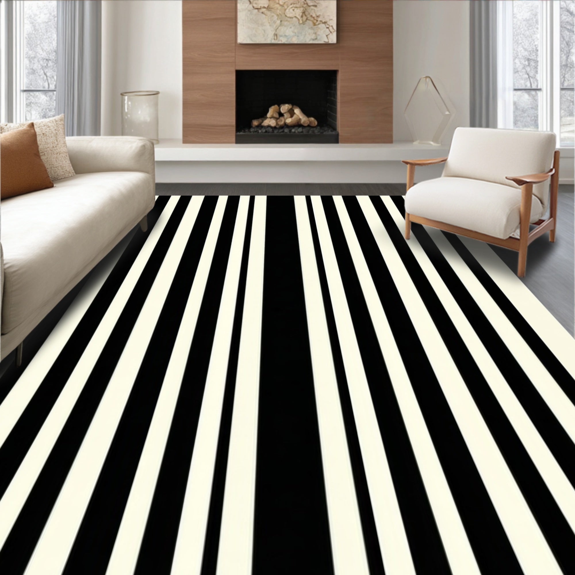 Bold Black White Stripe Pattern Rug
