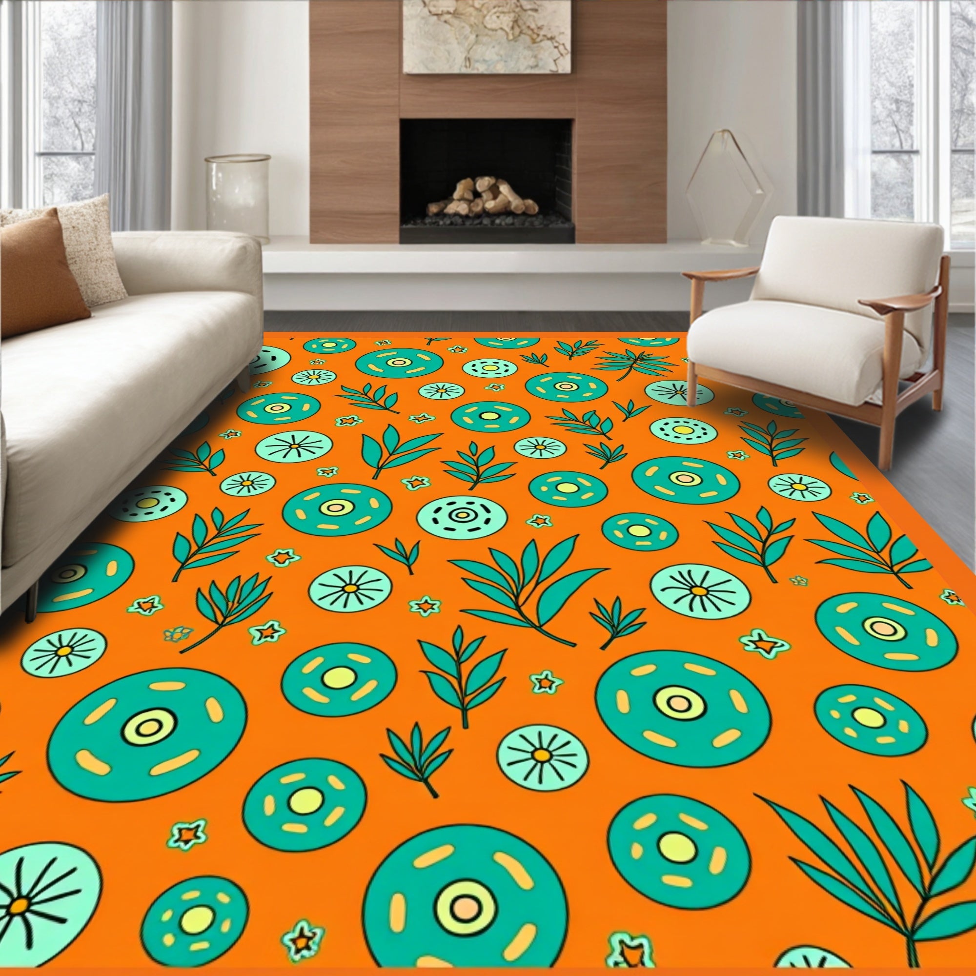 Retro Circular Floral Leaf Pattern Rug