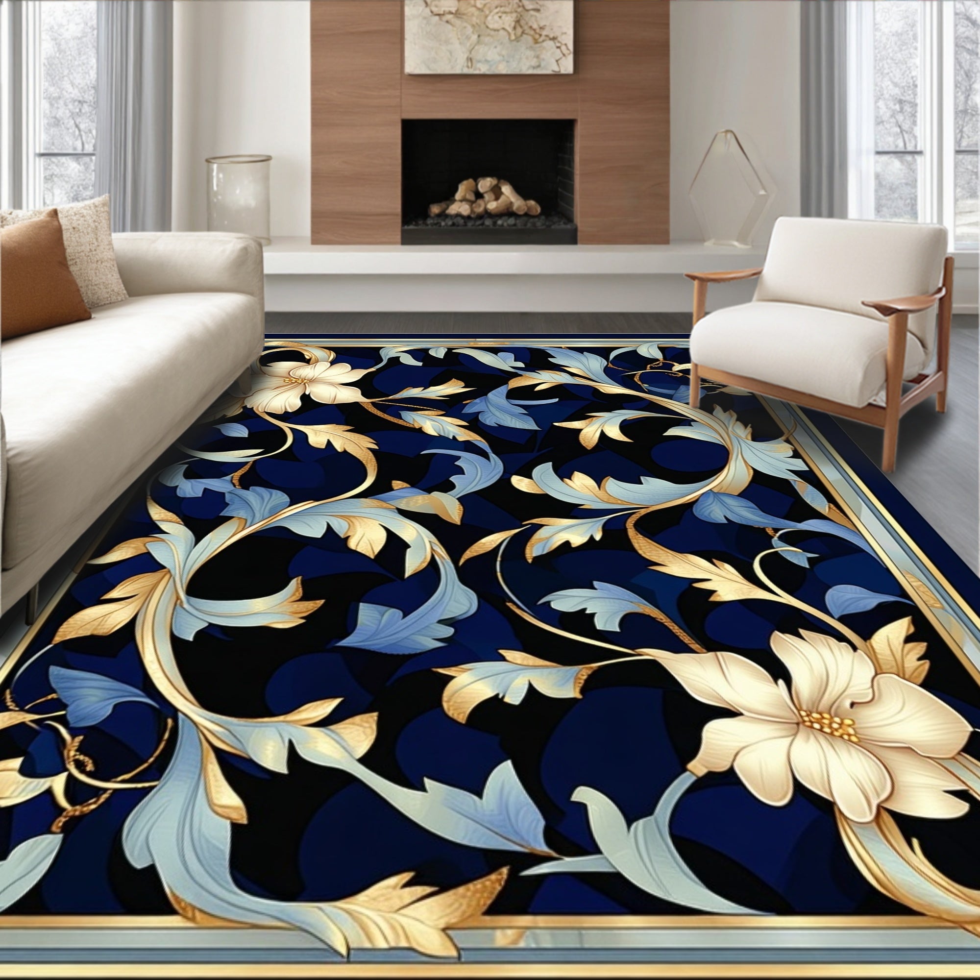 Elegant Golden Foliage Blue Background Rug