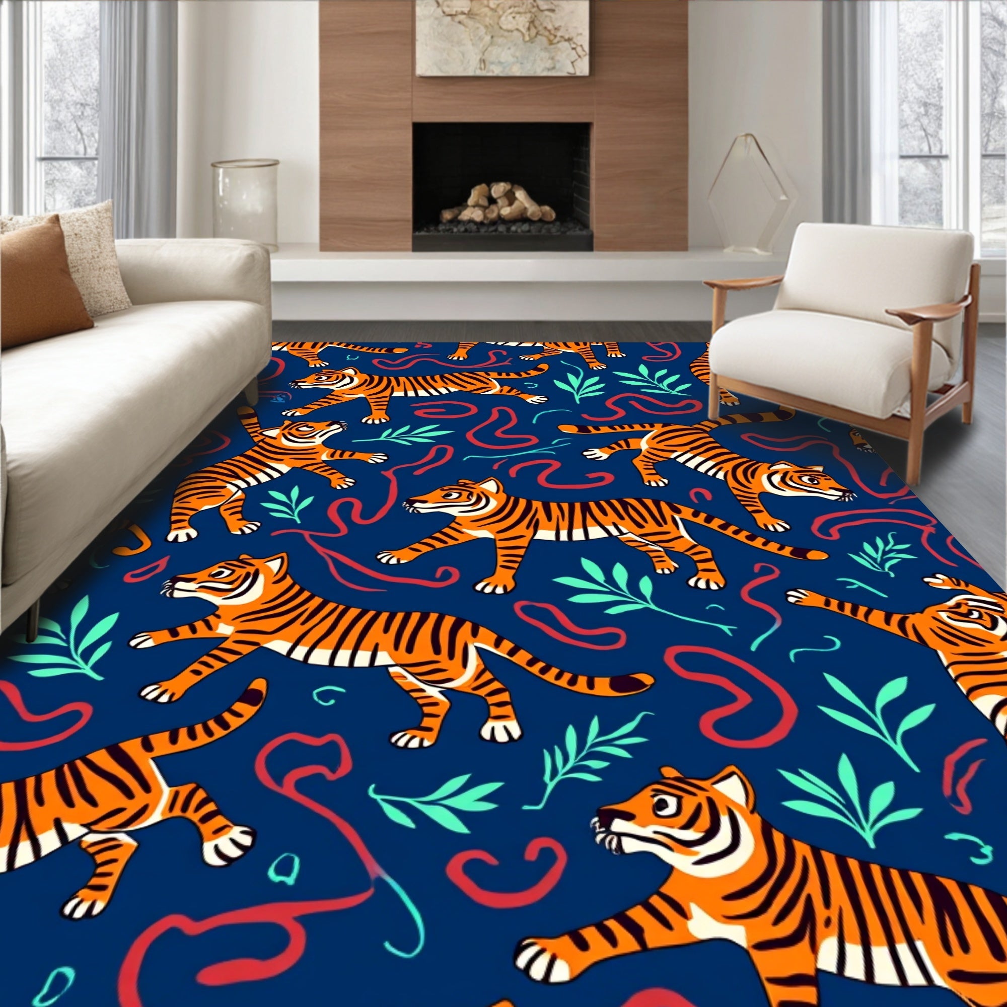 Playful Tiger Jungle Pattern Rug