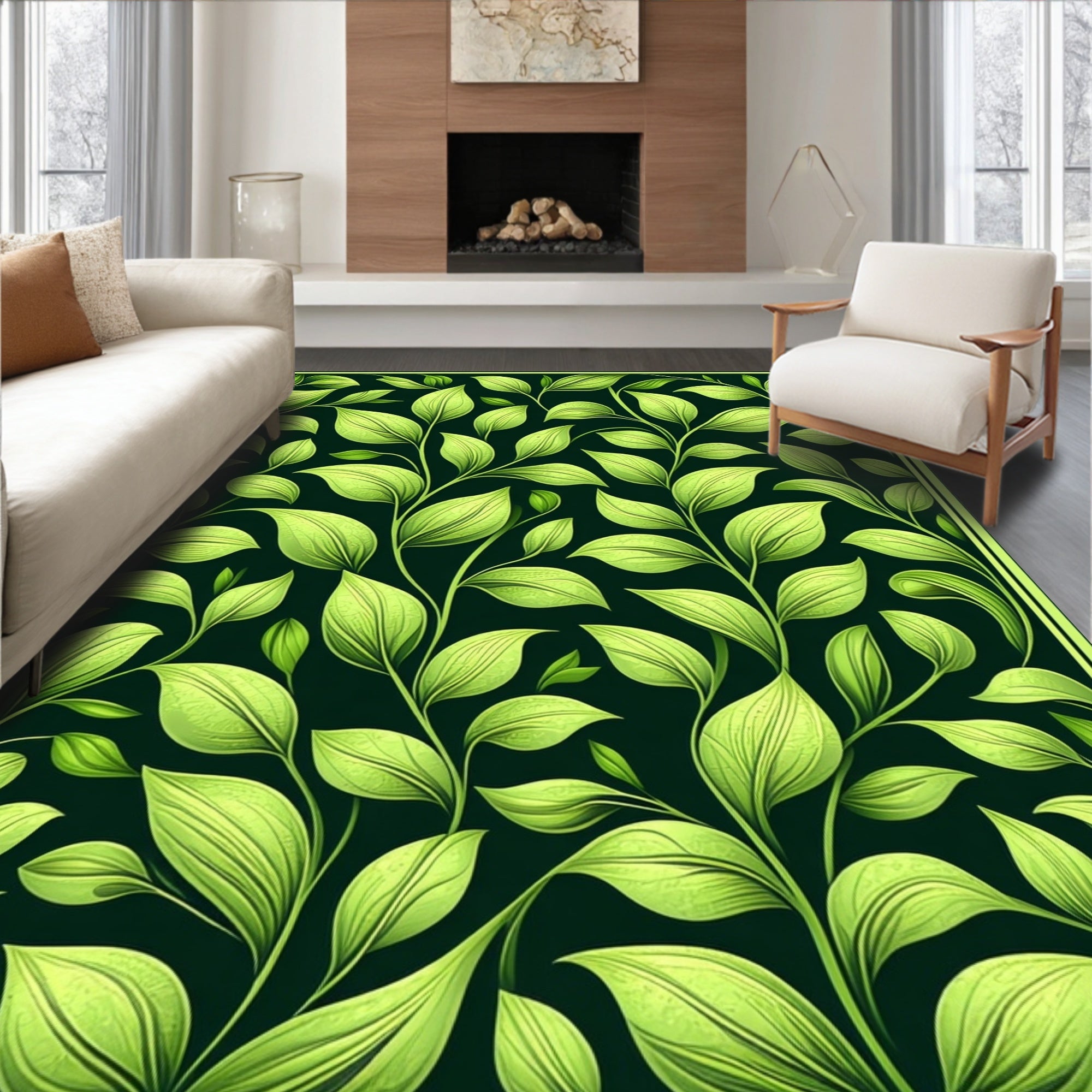 Vibrant Leaf Pattern With Green Border Rug