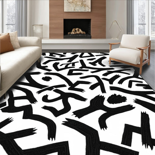 Abstract Brushstroke Black White Pattern Rug