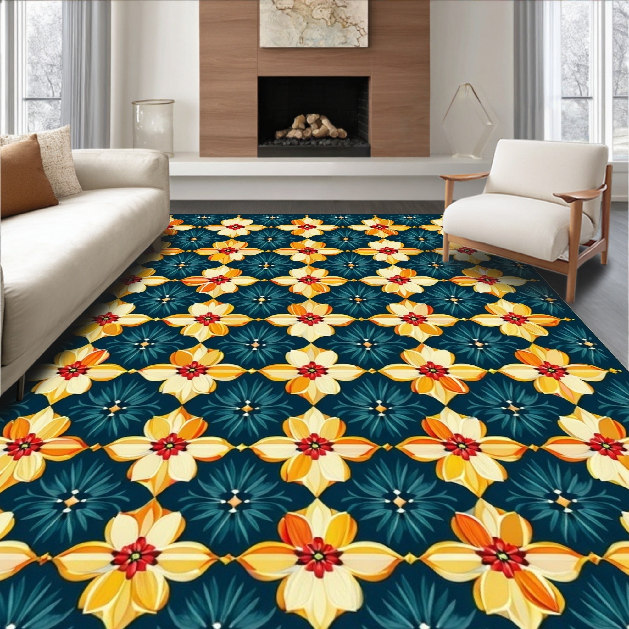 Floral Quatrefoil Dark Blue Pattern Rug
