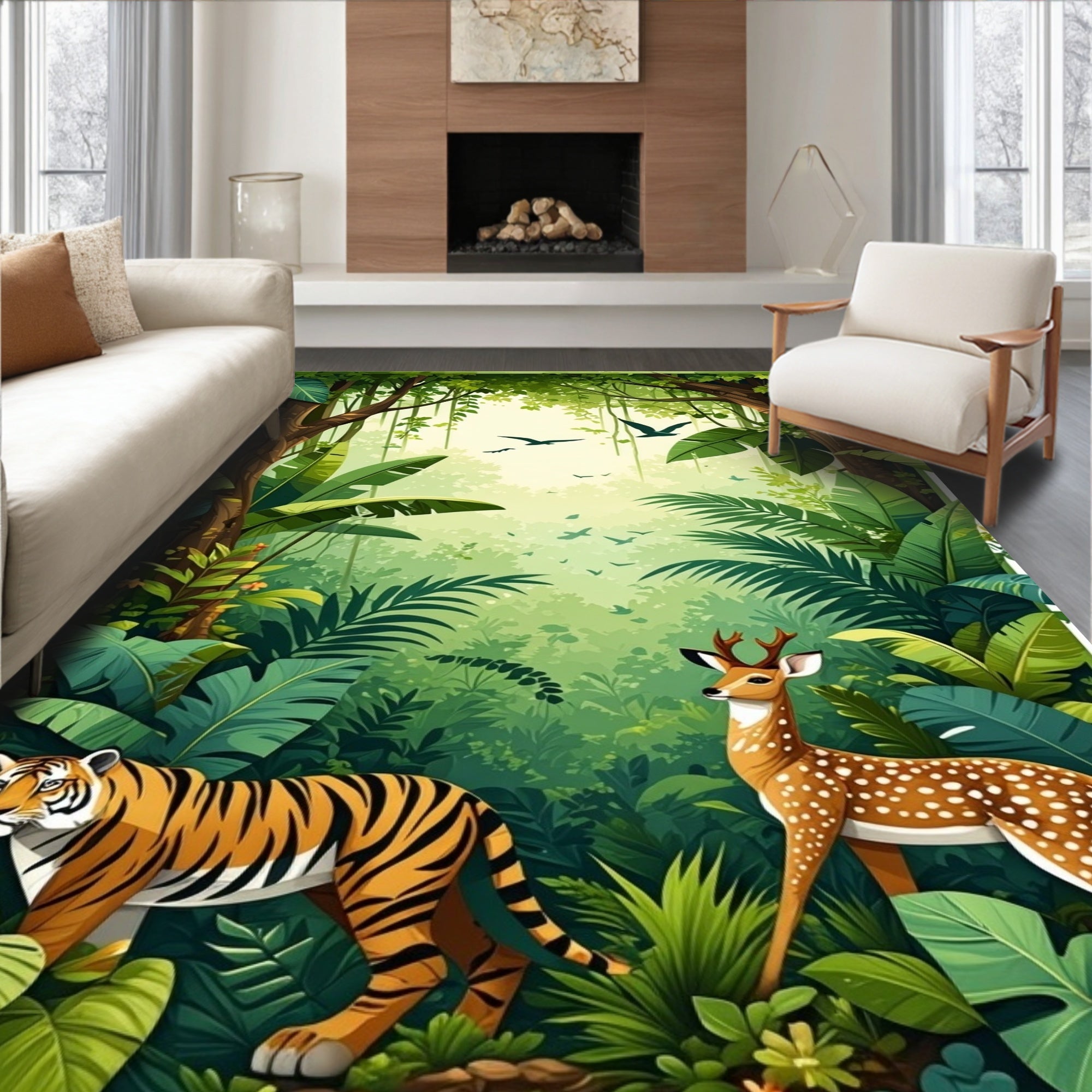 Jungle Animals Lush Botanical Pattern Rug