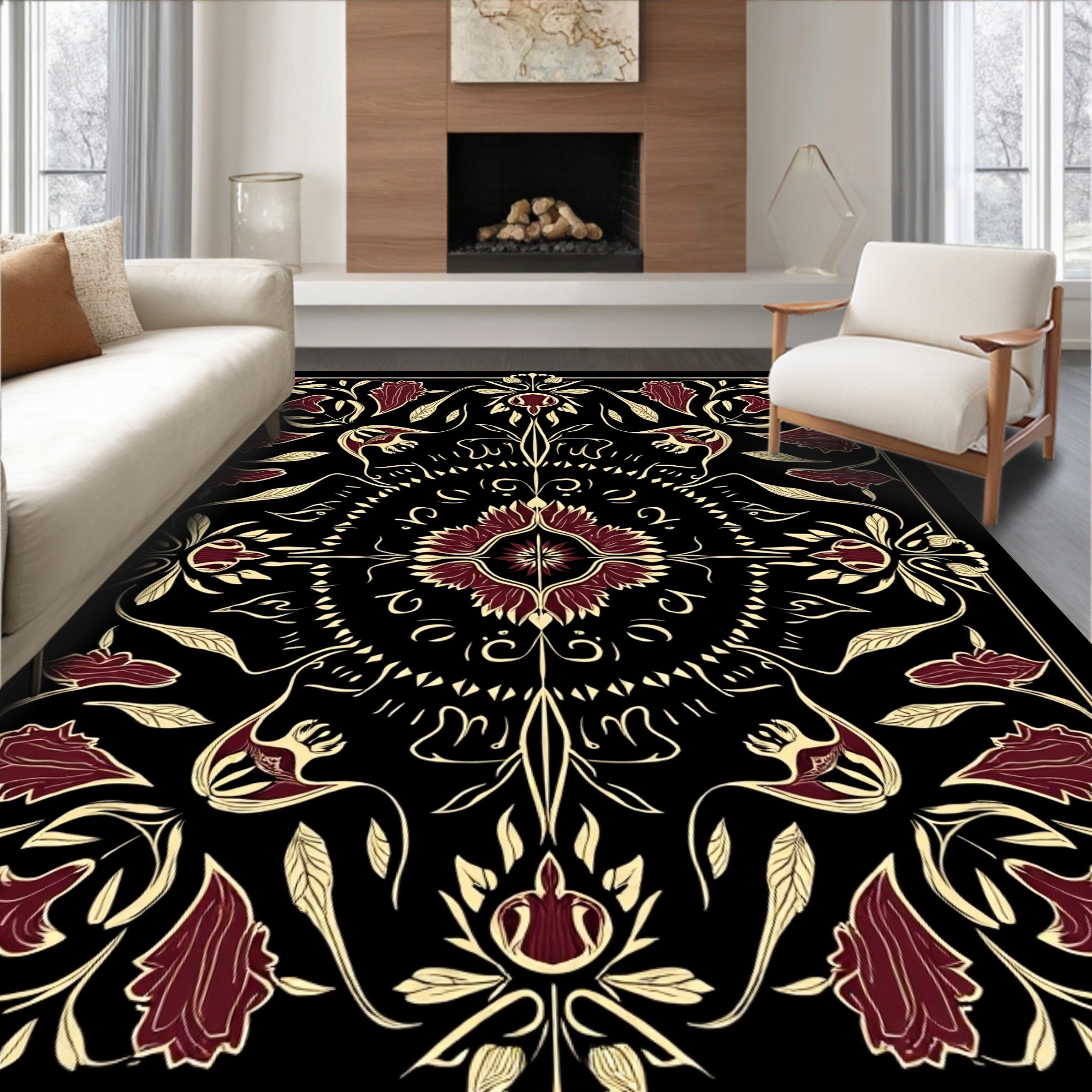 Art Nouveau Floral Mandala on Black Rug