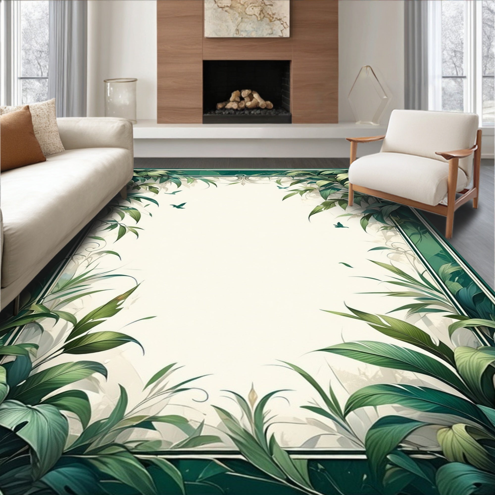 Lush Tropical Leaves with Bird Accents Rug