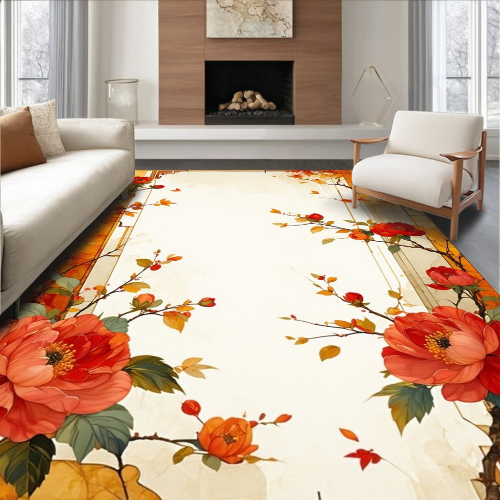 Golden Bloom Tree Branch Pattern Rug