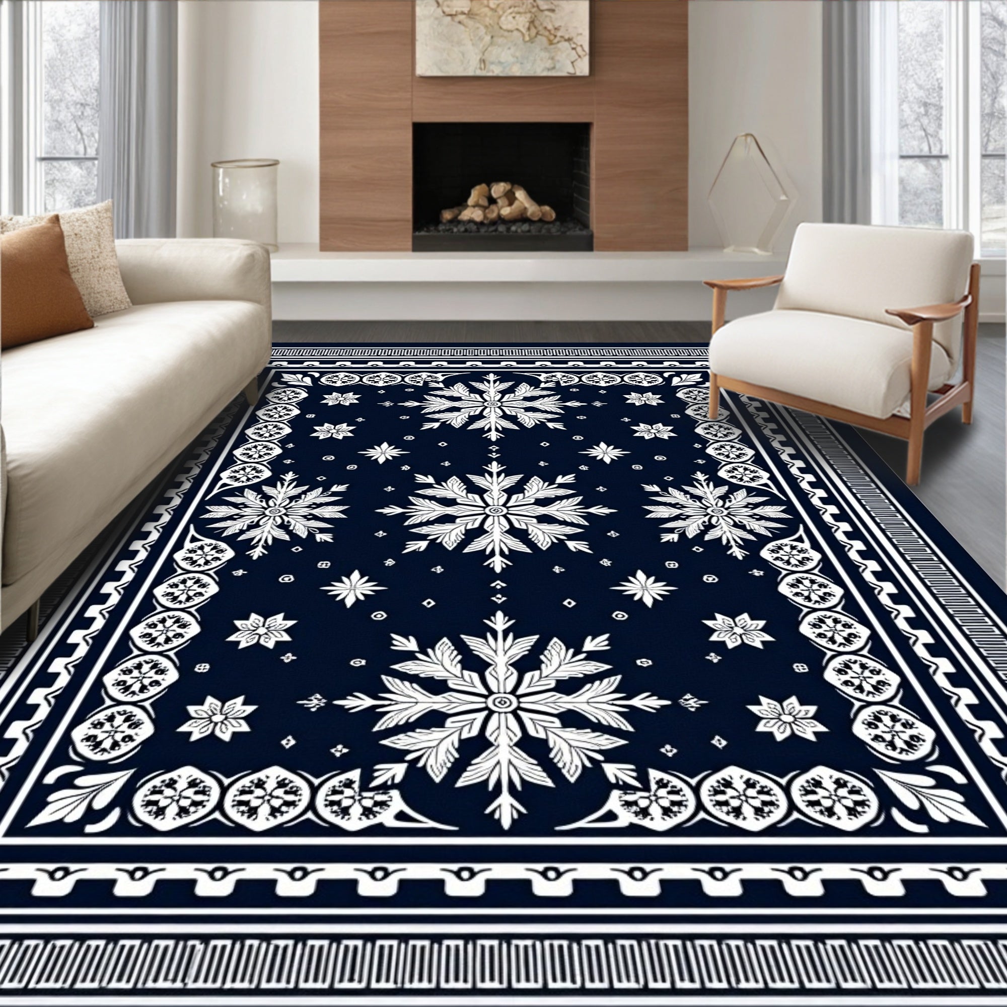 Navy White Snowflake Mandala Border Rug