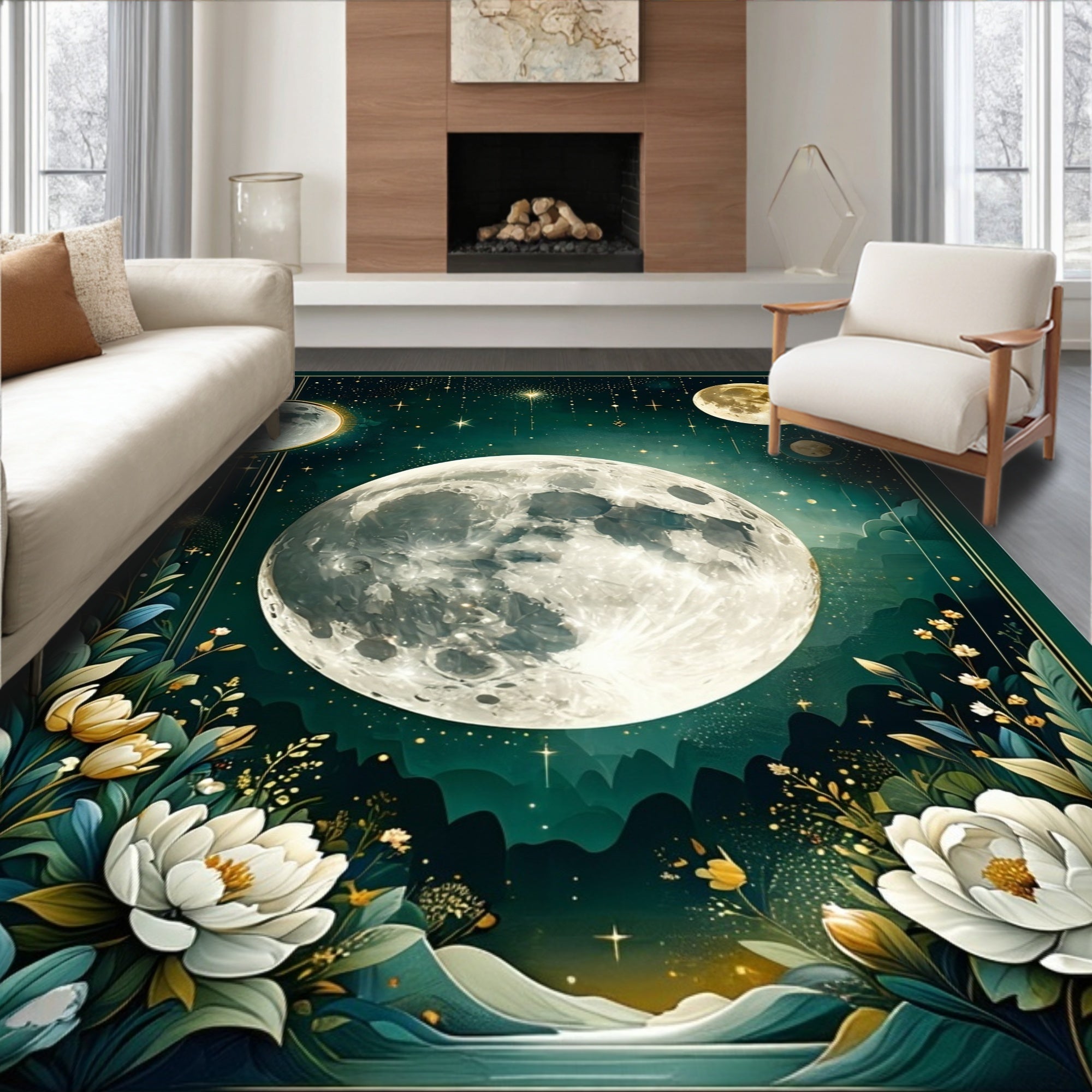 Celestial Moon Floral Art Nouveau Rug