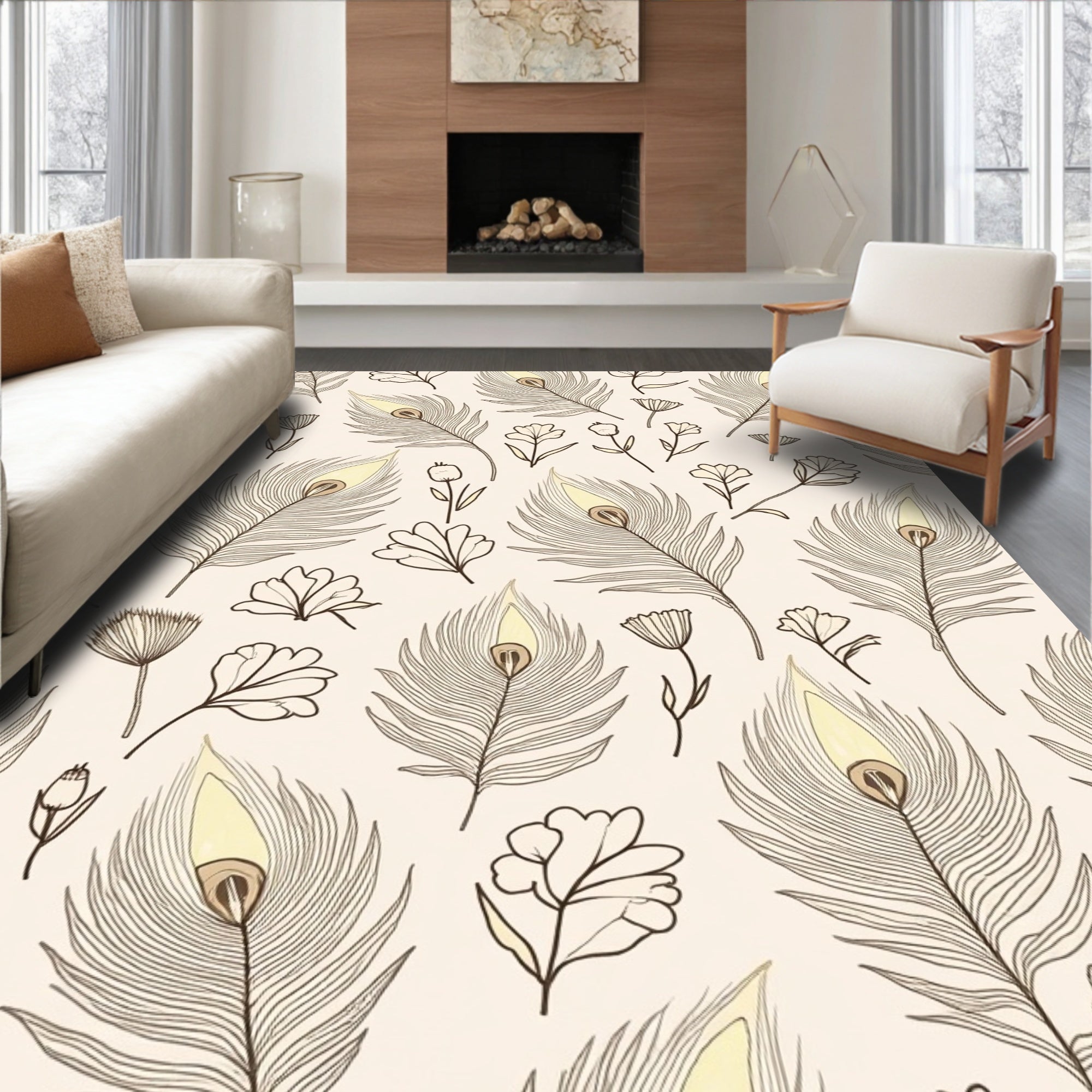 Delicate Feather Floral Sketch Pattern Rug