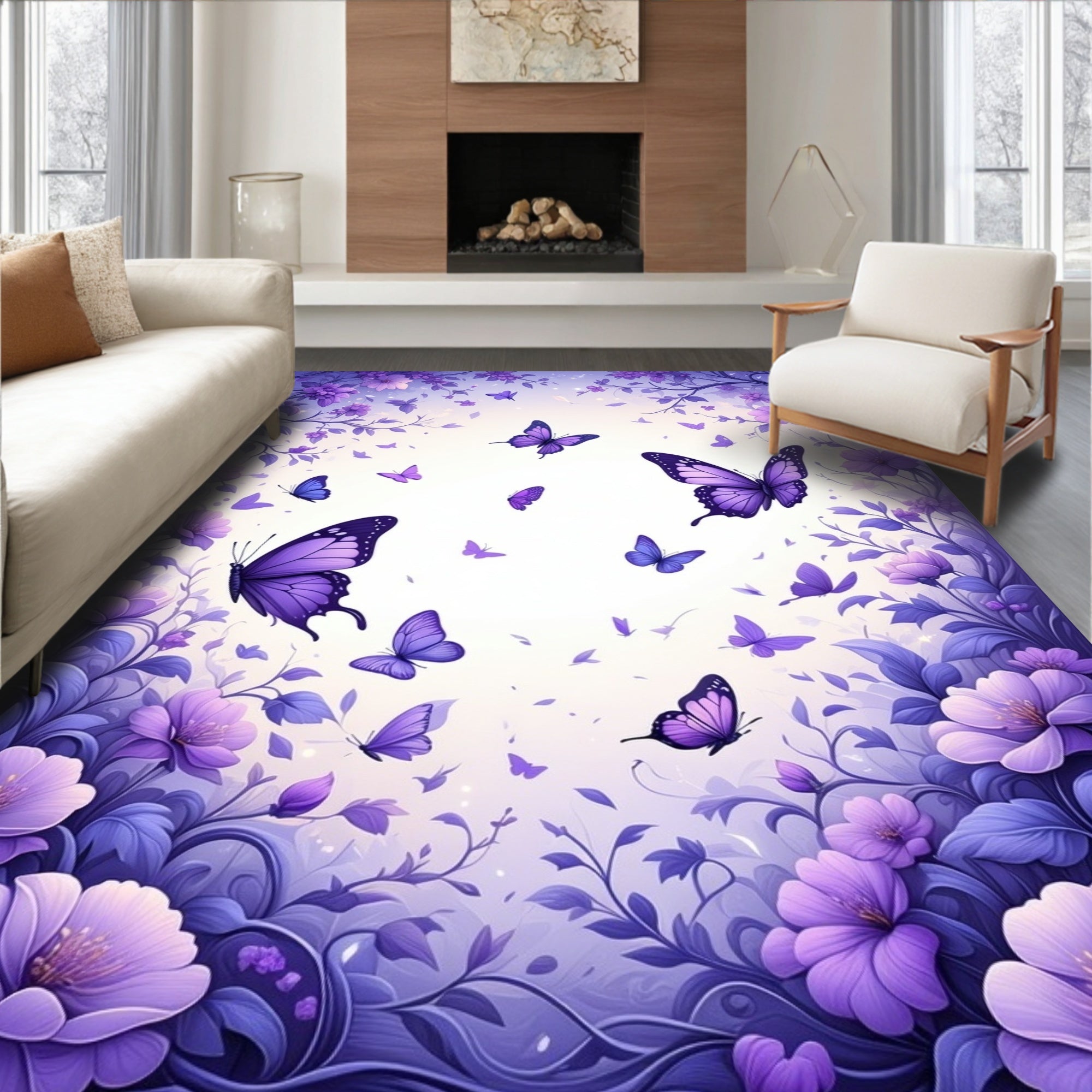 Purple Butterfly Floral Whimsy Rug