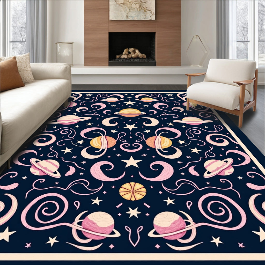 Cosmic Pink and Gold Celestial Swirls Rug