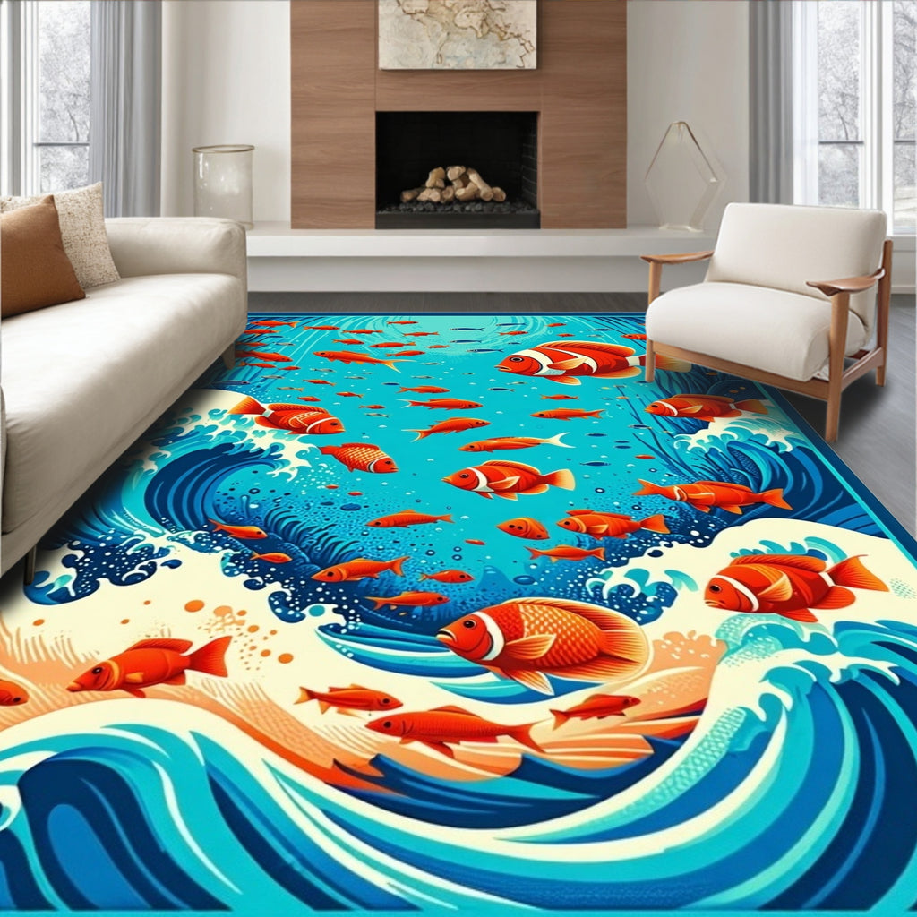 Vibrant Coral Fish Ocean Waves Design Rug