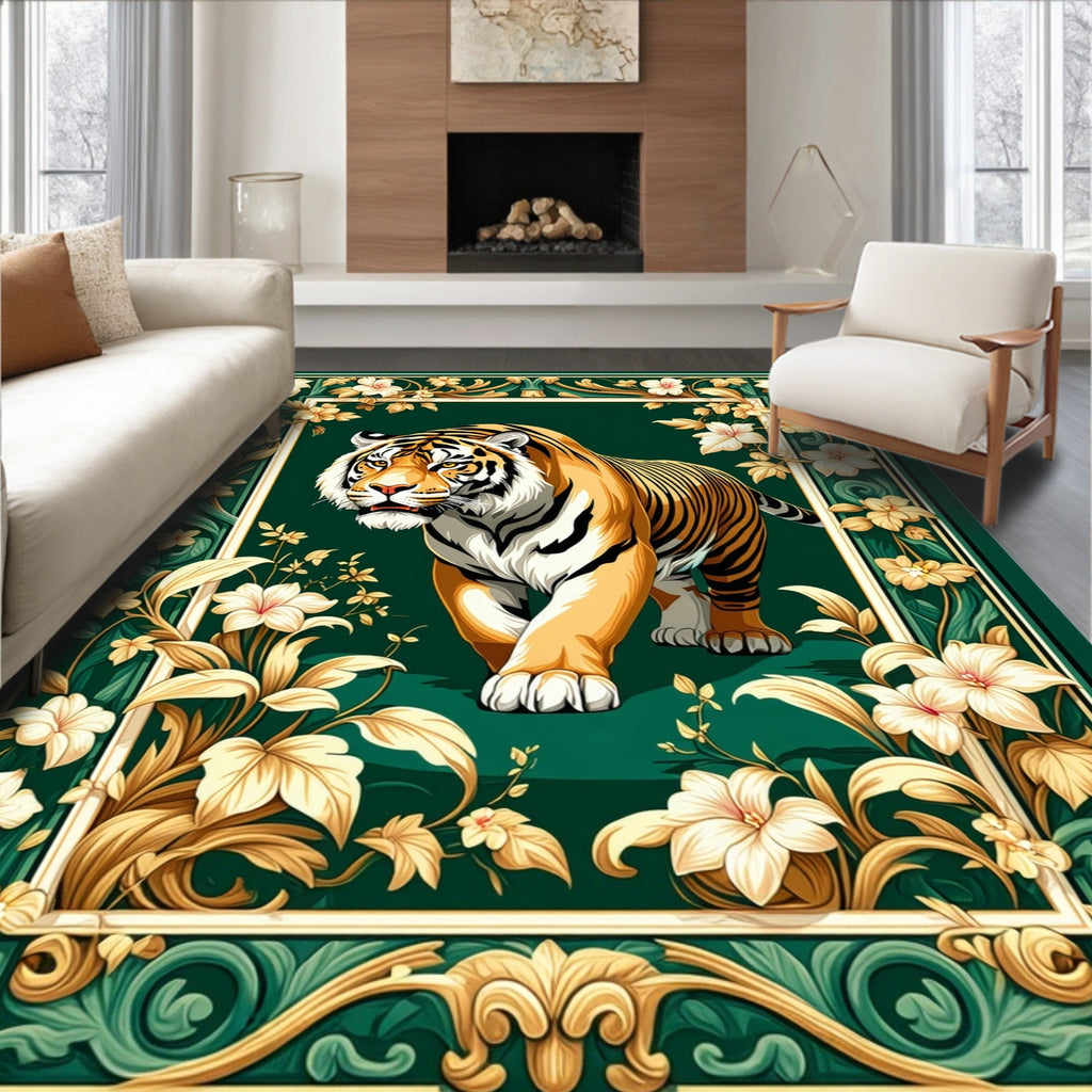 Majestic Tiger Floral Border Design Rug