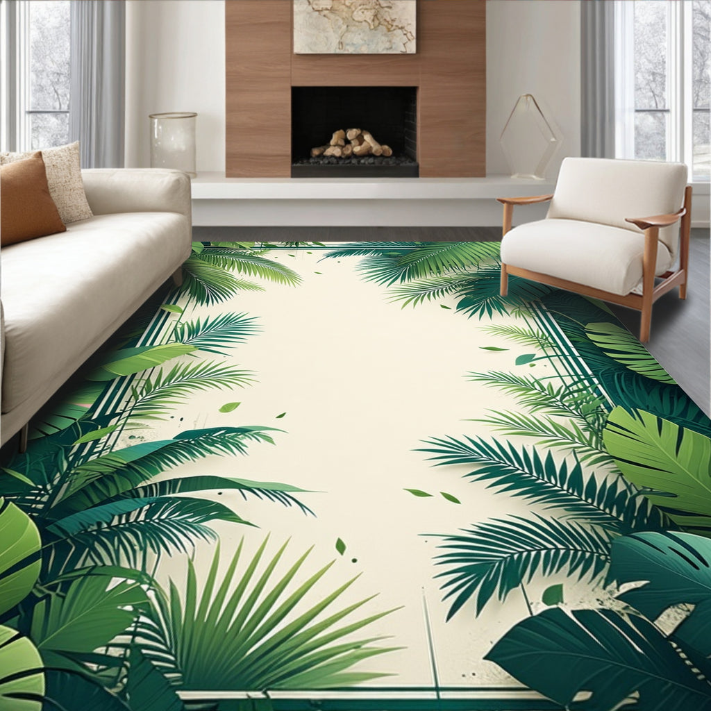 Lush Tropical Green Leaf Pattern Rug