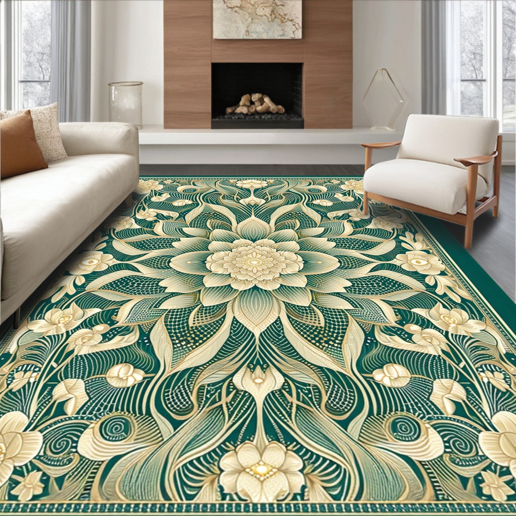 Emerald Green Floral Art Nouveau Rug