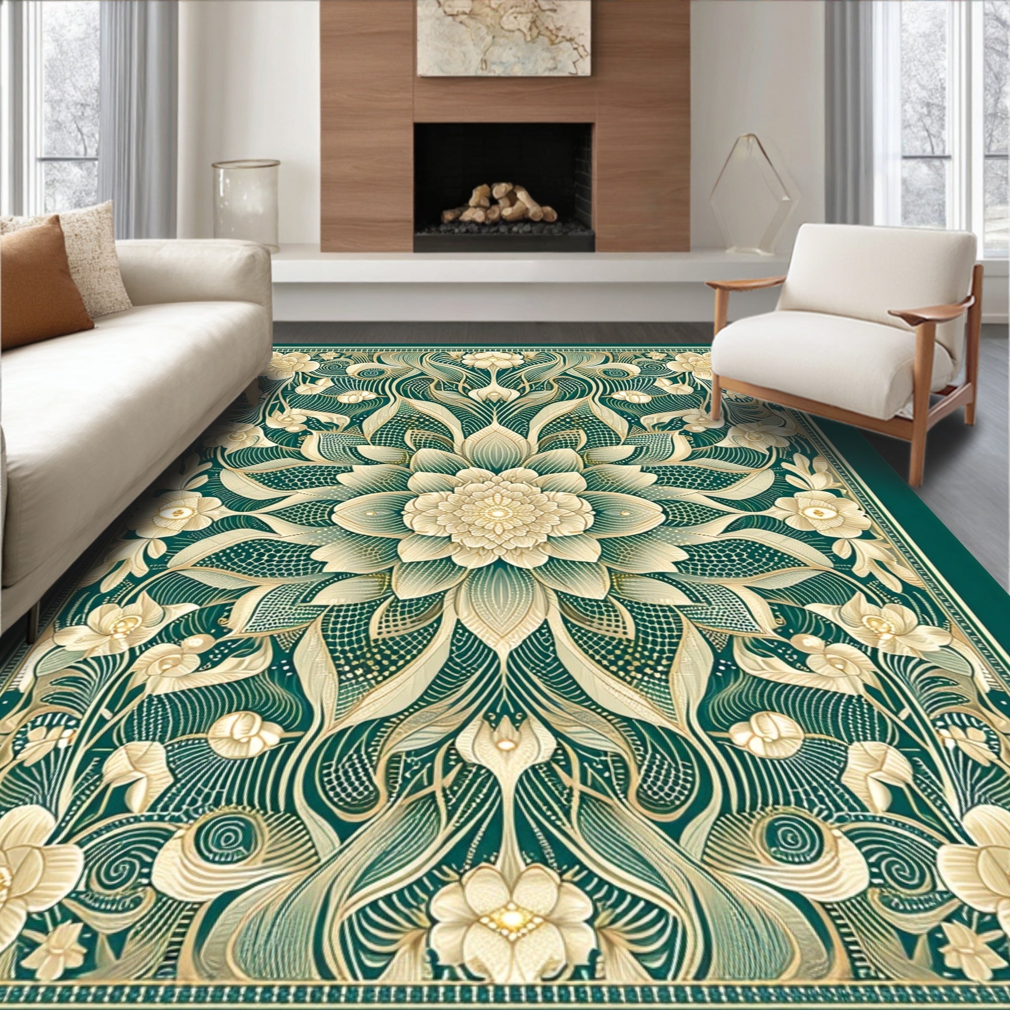 Emerald Green Floral Art Nouveau Rug